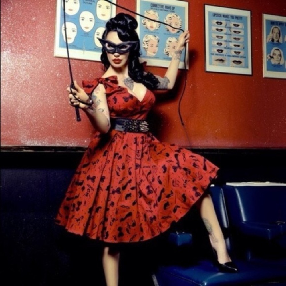 Deadly Dames Tie Me Up fetish print dress.